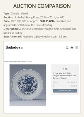 Lot 549 - AN IMPERIAL BLUE AND WHITE ‘DRAGON’ DISH, JIAQING MARK AND PERIOD