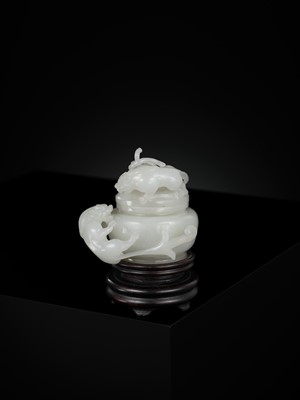 Lot 430 - A WHITE JADE ‘CHILONG’ OPENWORK WATER POT AND COVER, QING DYNASTY