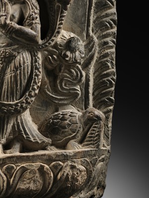 Lot 298 - A GRAY STONE STELE OF VISHNU AND LAKSHMI, NEPAL, 15TH-16TH CENTURY