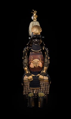 Lot 136 - A DANGAE-DO GUSOKU (ARMOR) WITH MITSU ICHO MON, WITH SUJIBACHI KABUTO AND ITAYAGAI MAEDATE, AND A SASHIMONO WITH SHISHI