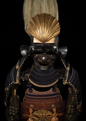 Lot 136 - A DANGAE-DO GUSOKU (ARMOR) WITH MITSU ICHO MON, WITH SUJIBACHI KABUTO AND ITAYAGAI MAEDATE, AND A SASHIMONO WITH SHISHI