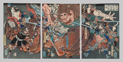 Lot 275 - TSUKIOKA YOSHITOSHI: TRIPTYCH OF YORIMITSU AND HIS FOUR COMPANIONS CONQUERING THE DEMON OF OEYAMA