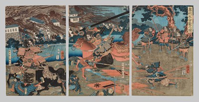 Lot 274 - UTAGAWA YOSHITORA: A TRYPTICH DEPICTING THE GREAT BATTLE OF OSHU