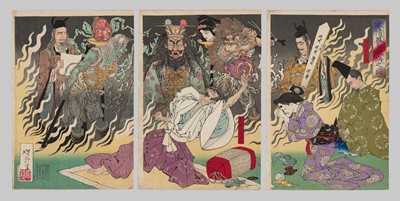 Lot 276 - TSUKIOKA YOSHITOSHI: TRIPTYCH OF THE FEVER OF TAIRA NO KIYOMORI