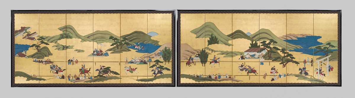 Lot 241 - A PAIR OF TOSA SCHOOL SIX-PANEL BYOBU (FOLDING SCREENS) DEPICTING A YABUSAME EXHIBITION