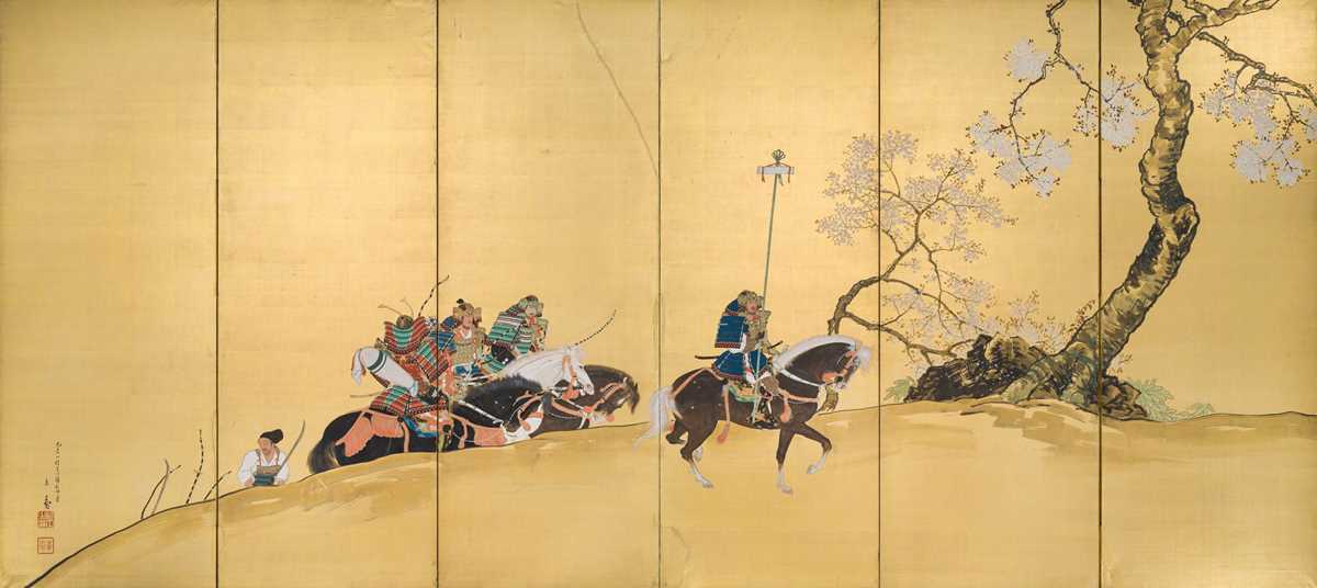 Lot 243 - UENAKA CHOKUSAI: A SIX-PANEL BYOBU (FOLDING SCREEN) WITH SAMURAI, DATED 1919