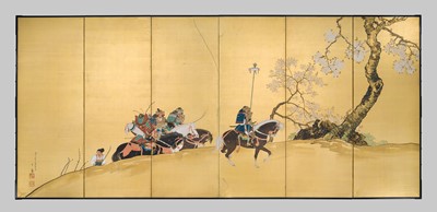 Lot 243 - UENAKA CHOKUSAI: A SIX-PANEL BYOBU (FOLDING SCREEN) WITH SAMURAI, DATED 1919