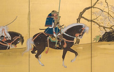 Lot 243 - UENAKA CHOKUSAI: A SIX-PANEL BYOBU (FOLDING SCREEN) WITH SAMURAI, DATED 1919