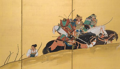 Lot 243 - UENAKA CHOKUSAI: A SIX-PANEL BYOBU (FOLDING SCREEN) WITH SAMURAI, DATED 1919