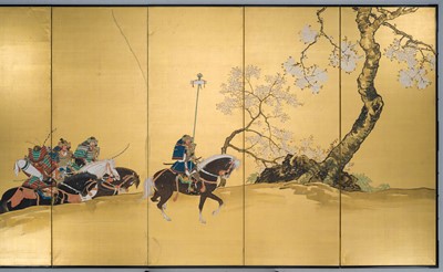 Lot 243 - UENAKA CHOKUSAI: A SIX-PANEL BYOBU (FOLDING SCREEN) WITH SAMURAI, DATED 1919