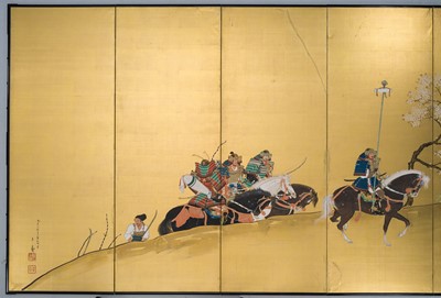 Lot 243 - UENAKA CHOKUSAI: A SIX-PANEL BYOBU (FOLDING SCREEN) WITH SAMURAI, DATED 1919