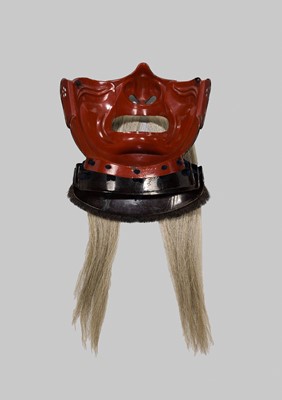 Lot 98 - AN IRON KAWARI KABUTO (ECCENTRIC-SHAPED HELMET) WITH AN IRON MENPO