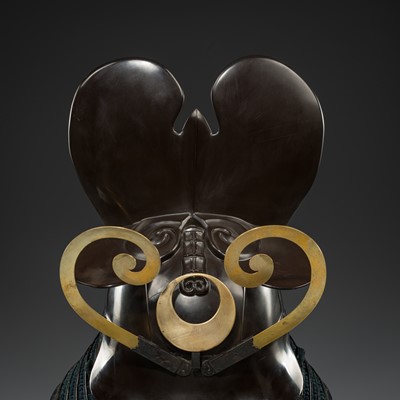 Lot 98 - AN IRON KAWARI KABUTO (ECCENTRIC-SHAPED HELMET) WITH AN IRON MENPO