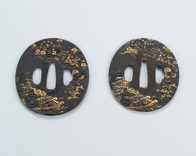 Lot 541 - A SET WITH TWO SOTEN SCHOOL SHAKUDO TSUBA WITH RAIJIN SUMMONING A THUNDERSTORM