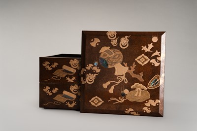 Lot 143 - A FINE SET OF TWO STACKABLE LACQUER BOXES WITH THE ‘EIGHT IMMORTALS’ ATTRIBUTES