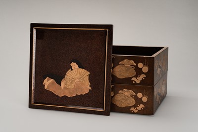 Lot 143 - A FINE SET OF TWO STACKABLE LACQUER BOXES WITH THE ‘EIGHT IMMORTALS’ ATTRIBUTES