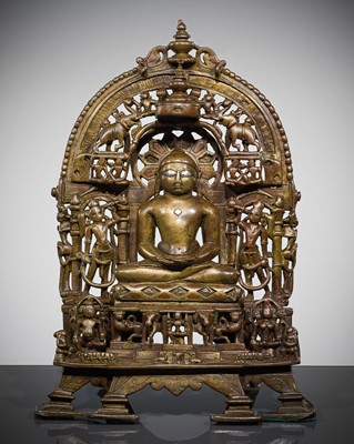 Lot 335 - A LARGE AND IMPORTANT SILVER- AND COPPER-INLAID BRONZE JAIN SHRINE, DATED 1207