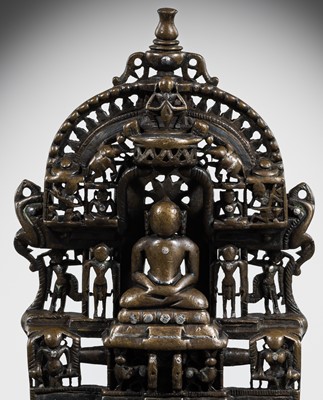 Lot 342 - A FINE SILVER-INLAID BRONZE JAIN SHRINE, DATED 1609