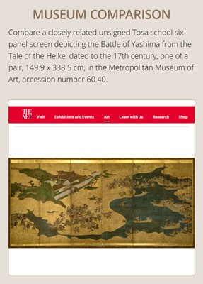 Lot 240 - TOSA MITSUOKI: AN IMPRESSIVE PAIR SIX-PANEL BYOBU (FOLDING SCREENS) DEPICTING THE BATTLES OF YASHIMA AND ICHINOTANI FROM THE TALE OF THE HEIKE