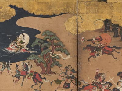 Lot 240 - TOSA MITSUOKI: AN IMPRESSIVE PAIR SIX-PANEL BYOBU (FOLDING SCREENS) DEPICTING THE BATTLES OF YASHIMA AND ICHINOTANI FROM THE TALE OF THE HEIKE