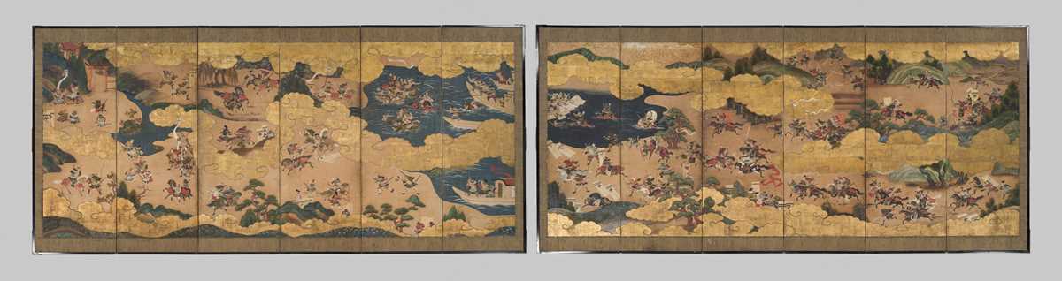 Lot 240 - TOSA MITSUOKI: AN IMPRESSIVE PAIR SIX-PANEL BYOBU (FOLDING SCREENS) DEPICTING THE BATTLES OF YASHIMA AND ICHINOTANI FROM THE TALE OF THE HEIKE