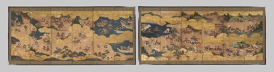 Lot 240 - TOSA MITSUOKI: AN IMPRESSIVE PAIR SIX-PANEL BYOBU (FOLDING SCREENS) DEPICTING THE BATTLES OF YASHIMA AND ICHINOTANI FROM THE TALE OF THE HEIKE