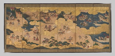 Lot 240 - TOSA MITSUOKI: AN IMPRESSIVE PAIR SIX-PANEL BYOBU (FOLDING SCREENS) DEPICTING THE BATTLES OF YASHIMA AND ICHINOTANI FROM THE TALE OF THE HEIKE