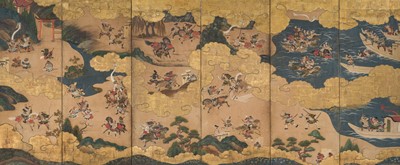 Lot 240 - TOSA MITSUOKI: AN IMPRESSIVE PAIR SIX-PANEL BYOBU (FOLDING SCREENS) DEPICTING THE BATTLES OF YASHIMA AND ICHINOTANI FROM THE TALE OF THE HEIKE