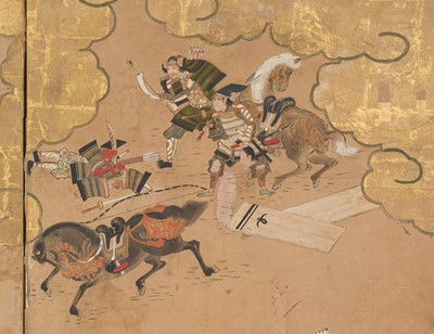 Lot 240 - TOSA MITSUOKI: AN IMPRESSIVE PAIR SIX-PANEL BYOBU (FOLDING SCREENS) DEPICTING THE BATTLES OF YASHIMA AND ICHINOTANI FROM THE TALE OF THE HEIKE