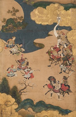 Lot 240 - TOSA MITSUOKI: AN IMPRESSIVE PAIR SIX-PANEL BYOBU (FOLDING SCREENS) DEPICTING THE BATTLES OF YASHIMA AND ICHINOTANI FROM THE TALE OF THE HEIKE