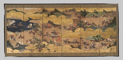 Lot 240 - TOSA MITSUOKI: AN IMPRESSIVE PAIR SIX-PANEL BYOBU (FOLDING SCREENS) DEPICTING THE BATTLES OF YASHIMA AND ICHINOTANI FROM THE TALE OF THE HEIKE