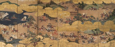 Lot 240 - TOSA MITSUOKI: AN IMPRESSIVE PAIR SIX-PANEL BYOBU (FOLDING SCREENS) DEPICTING THE BATTLES OF YASHIMA AND ICHINOTANI FROM THE TALE OF THE HEIKE