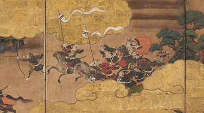 Lot 240 - TOSA MITSUOKI: AN IMPRESSIVE PAIR SIX-PANEL BYOBU (FOLDING SCREENS) DEPICTING THE BATTLES OF YASHIMA AND ICHINOTANI FROM THE TALE OF THE HEIKE