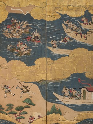 Lot 240 - TOSA MITSUOKI: AN IMPRESSIVE PAIR SIX-PANEL BYOBU (FOLDING SCREENS) DEPICTING THE BATTLES OF YASHIMA AND ICHINOTANI FROM THE TALE OF THE HEIKE