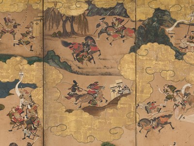 Lot 240 - TOSA MITSUOKI: AN IMPRESSIVE PAIR SIX-PANEL BYOBU (FOLDING SCREENS) DEPICTING THE BATTLES OF YASHIMA AND ICHINOTANI FROM THE TALE OF THE HEIKE