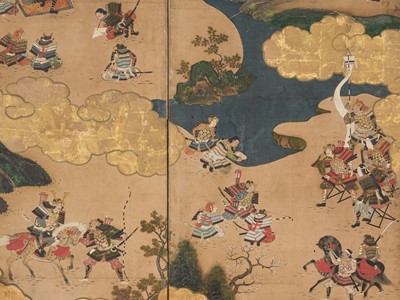 Lot 240 - TOSA MITSUOKI: AN IMPRESSIVE PAIR SIX-PANEL BYOBU (FOLDING SCREENS) DEPICTING THE BATTLES OF YASHIMA AND ICHINOTANI FROM THE TALE OF THE HEIKE