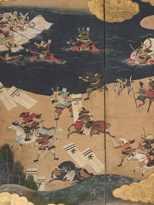 Lot 240 - TOSA MITSUOKI: AN IMPRESSIVE PAIR SIX-PANEL BYOBU (FOLDING SCREENS) DEPICTING THE BATTLES OF YASHIMA AND ICHINOTANI FROM THE TALE OF THE HEIKE