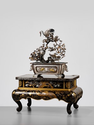 Lot 55 - A SUPERB SILVER AND MIXED METAL OKIMONO DEPICTING CRANES AND PRUNUS, WITH EN SUITE LACQUER STAND