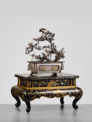 Lot 55 - A SUPERB SILVER AND MIXED METAL OKIMONO DEPICTING CRANES AND PRUNUS, WITH EN SUITE LACQUER STAND