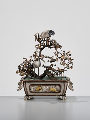 Lot 55 - A SUPERB SILVER AND MIXED METAL OKIMONO DEPICTING CRANES AND PRUNUS, WITH EN SUITE LACQUER STAND