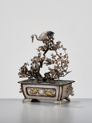 Lot 55 - A SUPERB SILVER AND MIXED METAL OKIMONO DEPICTING CRANES AND PRUNUS, WITH EN SUITE LACQUER STAND