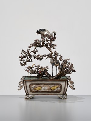 Lot 55 - A SUPERB SILVER AND MIXED METAL OKIMONO DEPICTING CRANES AND PRUNUS, WITH EN SUITE LACQUER STAND