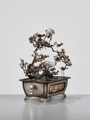 Lot 55 - A SUPERB SILVER AND MIXED METAL OKIMONO DEPICTING CRANES AND PRUNUS, WITH EN SUITE LACQUER STAND