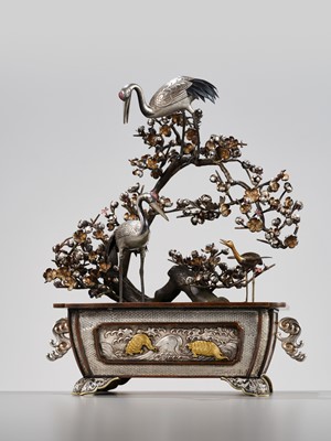 Lot 55 - A SUPERB SILVER AND MIXED METAL OKIMONO DEPICTING CRANES AND PRUNUS, WITH EN SUITE LACQUER STAND