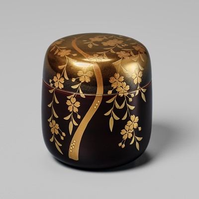 Lot 338 - ISSAI: A BLACK AND GOLD LACQUER NATSUME (TEA CADDY) WITH WEEPING CHERRY