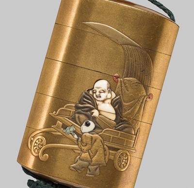 Lot 422 - SAITO: A SHIBAYAMA-STYLE INLAID FOUR-CASE GOLD LACQUER INRO DEPICTING HOTEI AND SHISHIMAI