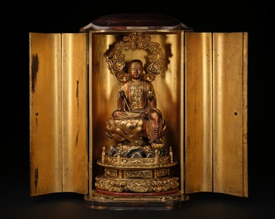 Lot 170 - AN EXTREMELY RARE AND IMPRESSIVE LARGE ZUSHI (SHRINE) WITH GILT-WOOD FIGURE OF JIZO BOSATSU, 17TH-18TH CENTURY