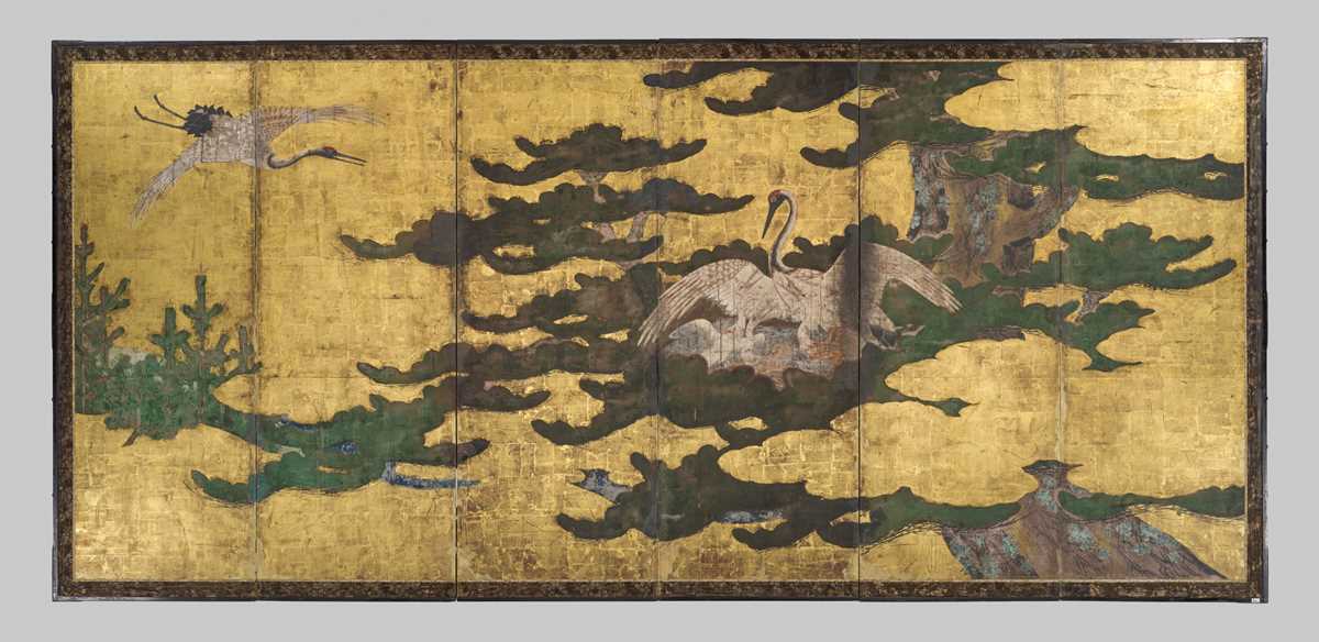 Lot 233 - A RARE EARLY SIX-PANEL BYOBU (FOLDING SCREEN) DEPICTING A FAMILY OF CRANES IN A PINE, MOMOYAMA TO EARLY EDO