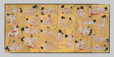 Lot 245 - A RARE SIX-PANEL SHUNGA BYOBU (FOLDING SCREEN)