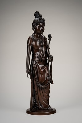 A LARGE BRONZE FIGURE OF KANNON HOLDING LOTUS BLOSSOMS